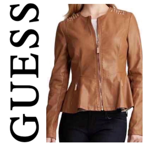 Guess Emily Faux Leather Brown Peplum Hem Lined Jacket w/ Rose Gold Small - Picture 1 of 5